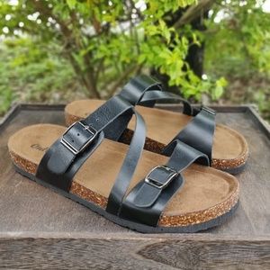 Womens Cork Strappy Buckle Slide Sandals Black